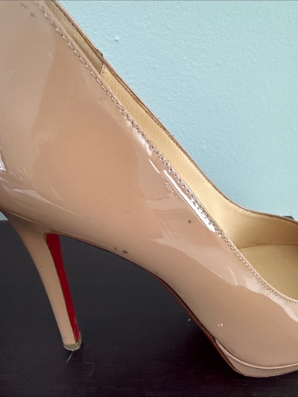 Christian Louboutin Nude Patent Platform Pumps with Red Soles - Picture 7 of 13